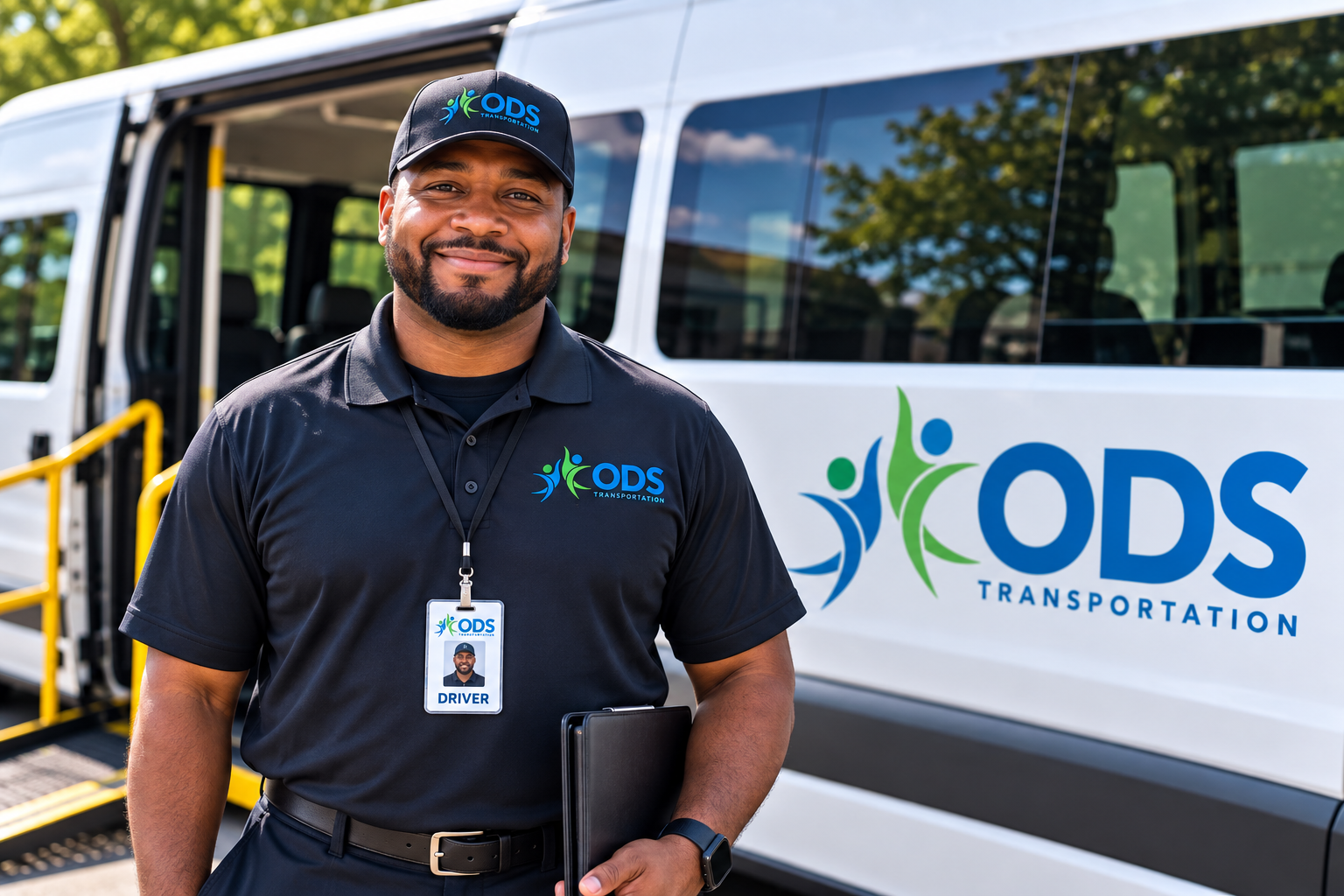 Van driver with school transportation sign on passenger van
